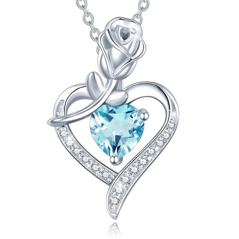AGVANA March Birthstone Jewelry Aquamarine Necklace for Women Sterling Silver Rose Flower Heart Pendant Necklace Fine Jewelry Anniversary Birthday Gifts for Women Wife Lady Her - Image 1